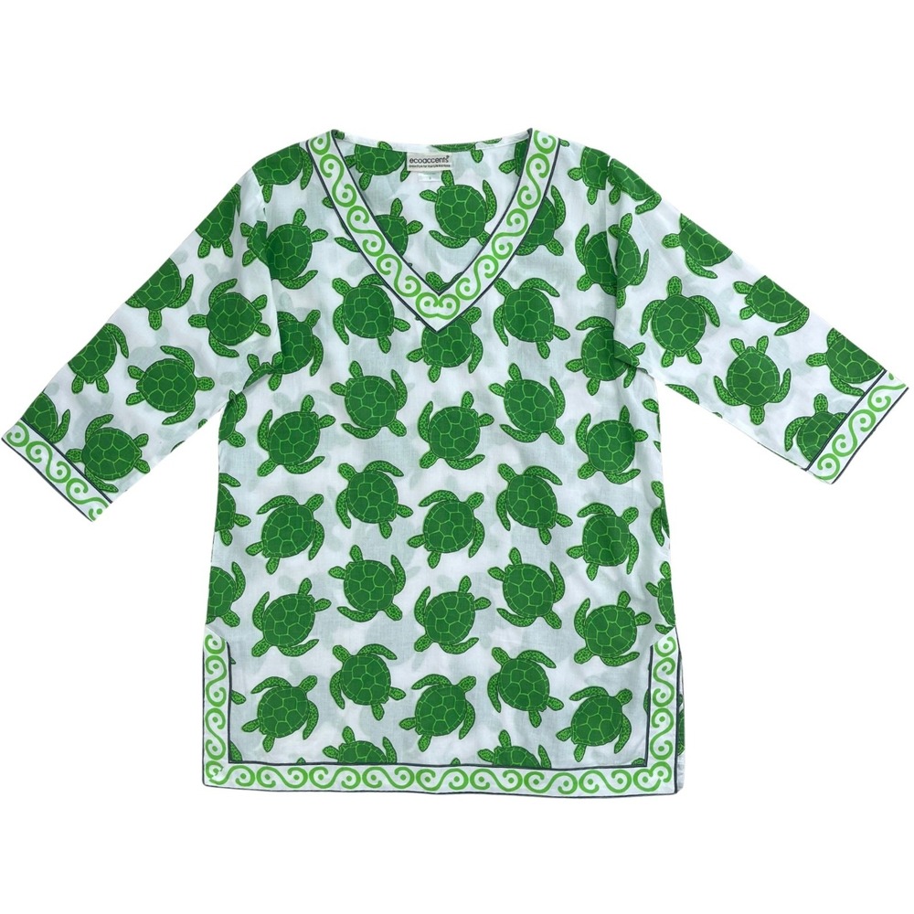 Ecoaccents Women's White Green Turtle Print V Neck Tunic Cover Up Top Size S